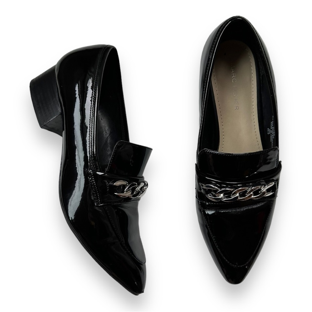 Marc Fisher Flecker Black Patent Chain Link Pointed Toe Loafers | 8.5 - Picture 12 of 16